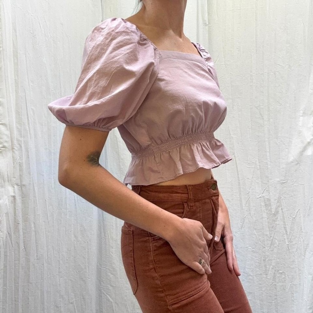 Lilac Purple Crop top With Square Neckline and Puffy Sleeves UNIQLO Size XS - Picture 3 of 8